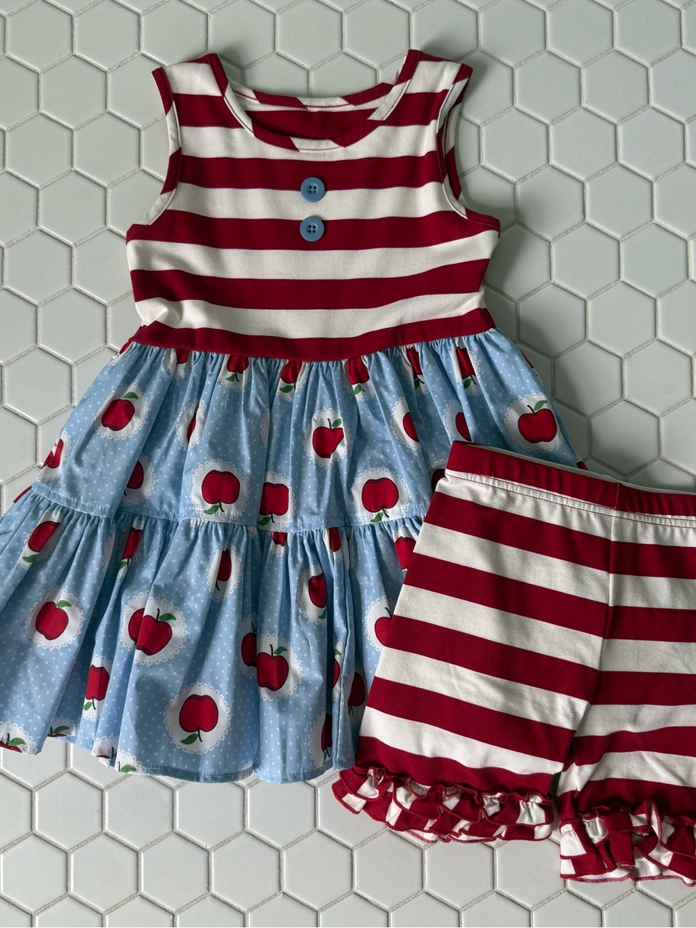 Red & White Striped Apple Print Dress with Matching Shorts